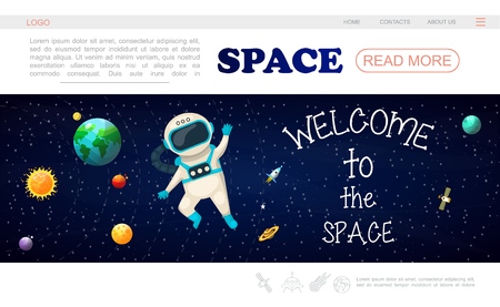 Flat solar system landing page template with sun planets astronaut in outer space spaceship stars satellite vector illustrationのイラスト素材