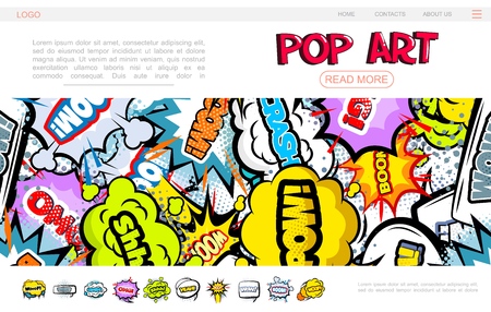 Pop art bright web page concept with colorful speech bubbles comic wordings halftone sound and explosive humor effects vector illustrationのイラスト素材