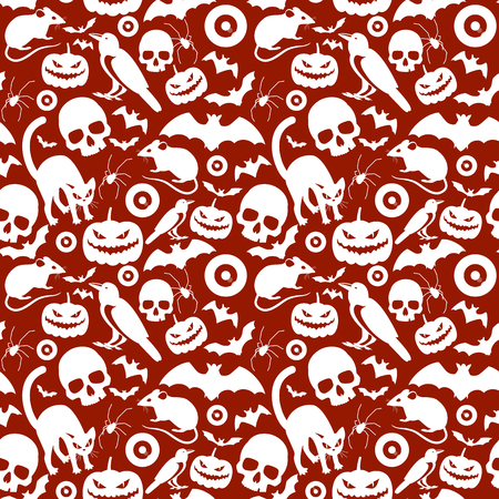 Seamless red pattern composed from white cartoon halloween symbols with  crows bats skulls laughing pumpkins faces cats rats eyeballs spiders flat vector illustrationのイラスト素材