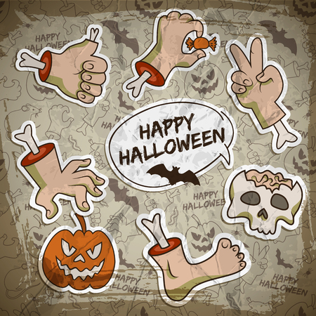 Halloween greeting concept with paper zombie arms leg pumpkin skull on line icons seamless pattern vector illustrationのイラスト素材