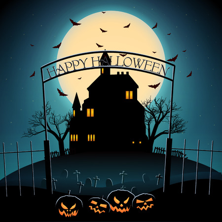 Cartoon Halloween night template with haunted castle trees flying bats scary pumpkins on moon background vector illustrationのイラスト素材