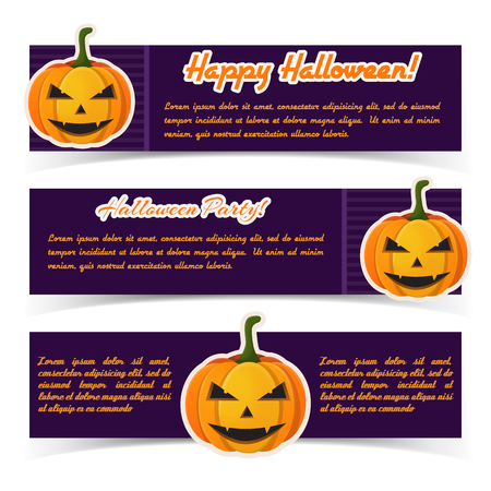 Abstract Halloween greeting horizontal banners with calligraphic inscriptions and paper scary pumpkins on purple background vector illustrationのイラスト素材
