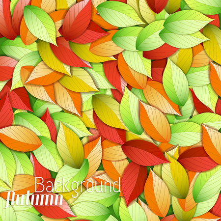 Natural autumn light foliage background with bright green red and orange falling beautiful leaves vector illustrationのイラスト素材