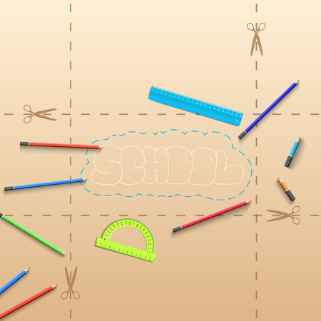 Education realistic poster with school inscription colorful pencils ruler and protractor on paper background vector illustrationのイラスト素材