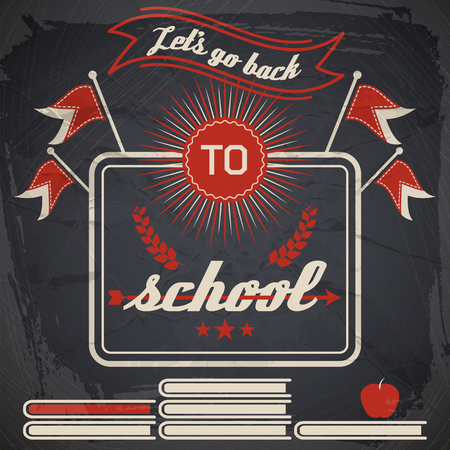 School retro poster with inscription frame flags books apple ribbon on dark vintage background vector illustrationのイラスト素材
