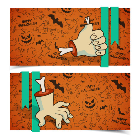 Halloween greeting horizontal banners with zombie arms bones ribbons and traditional icons background vector illustrationのイラスト素材