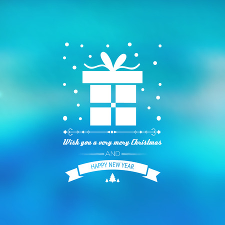 Light Happy New Year celebrating template with greeting inscription ribbon and present box on blurred blue background vector illustrationのイラスト素材