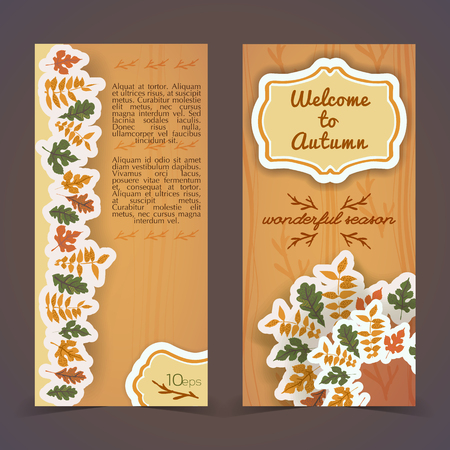 Warm autumn vertical banners with frame and compositions from foliage on textured tan background isolated vector illustrationのイラスト素材