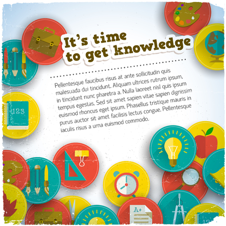 Get knowledge cartoon composition with text and isolated round icon set about school vector illustrationのイラスト素材