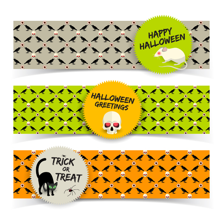 Halloween greeting horizontal banners with stickers white rat skull black cat on icons background vector illustrationのイラスト素材