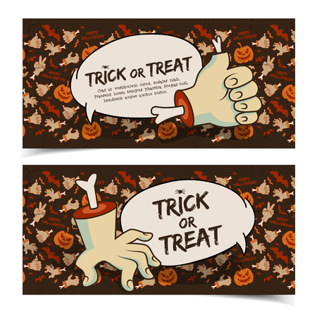 Evil Halloween horizontal banners with speech clouds zombie arms gestures and traditional icons brown background vector illustrationのイラスト素材