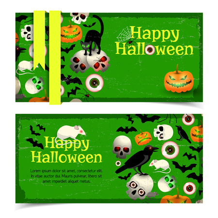 Happy Halloween Horizontal Vintage Banners Poster With Cartoon