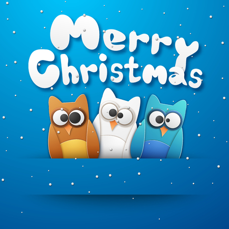 Christmas owls with merry Christmas and winter symbols paper style vector illustrationのイラスト素材