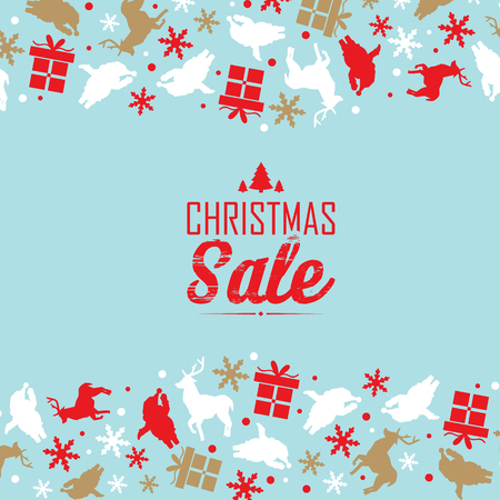 Christmas sale decorative poster divided on three parts with red text about discounts and traditional symbolsのイラスト素材