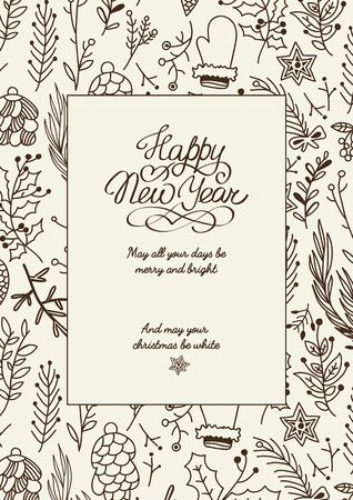 Black and white creative happy new year frame sketch composition with beautiful symbolsのイラスト素材