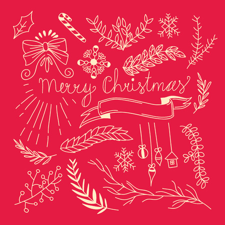 New Year floral sketch template with elegant natural tree branches and Christmas symbols on red background vector illustrationのイラスト素材