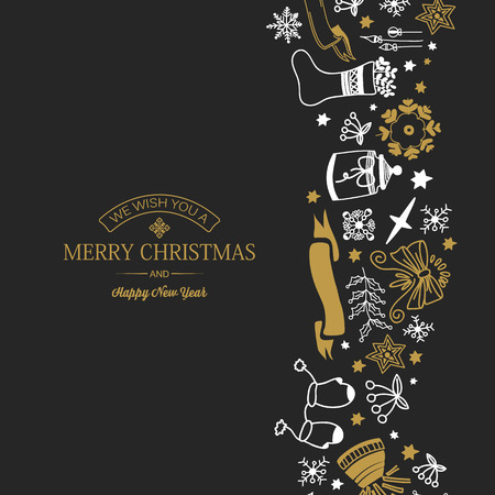 Celebrating winter holidays dark background with greeting text and hand drawn Christmas elements and symbols vector illustrationのイラスト素材