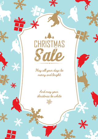 Christmas sale and celebration poster with text about discounts and wishes on blue background with different holiday elements vector illustrationのイラスト素材