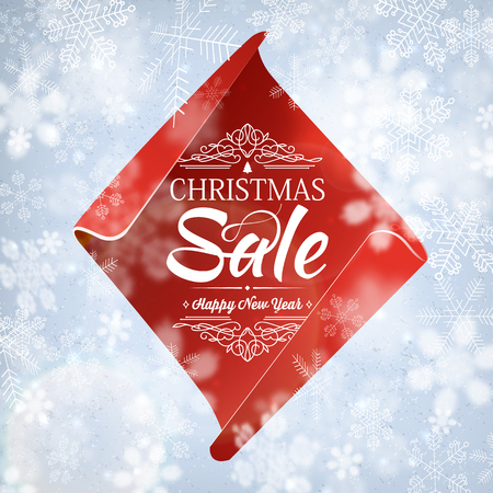 Christmas sale and happy new year poster with greeting text about happy new year and sales on background decorated by snowflakes vector illustrationのイラスト素材