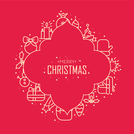 Christmas and New Year celebrating concept with festive lined icons on red background isolated vector illustrationのイラスト素材