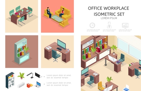 Isometric office interior infographic concept with business workplace bookcaseのイラスト素材