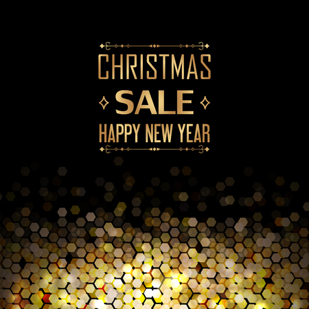 Christmas sale and happy new year poster with decorative arrows and hexagonal golden elementsのイラスト素材