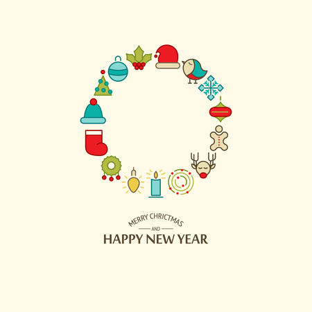 Merry Christmas festive round template with inscription and colorful winter holidays symbols isolated vector illustrationのイラスト素材