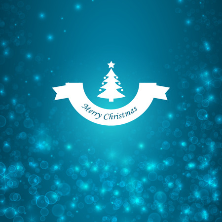 Festive bright Christmas poster with white ribbon and fir tree on glowing blurred starry background vector illustrationのイラスト素材
