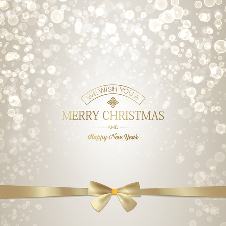 Light Happy New Year greeting poster with golden inscription and ribbon bow on glowing blurred background vector illustrationのイラスト素材