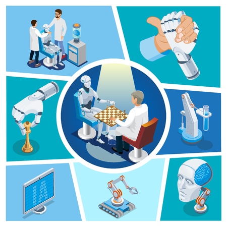 Isometric artificial intelligence composition with robot playing chess versus scientist cyborg head monitor arm wrestling with robotic hand vector illustrationのイラスト素材