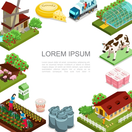 Isometric agriculture and farming template with windmill animals dairy products house apple trees milk truck women harvesting vegetables vector illustrationのイラスト素材