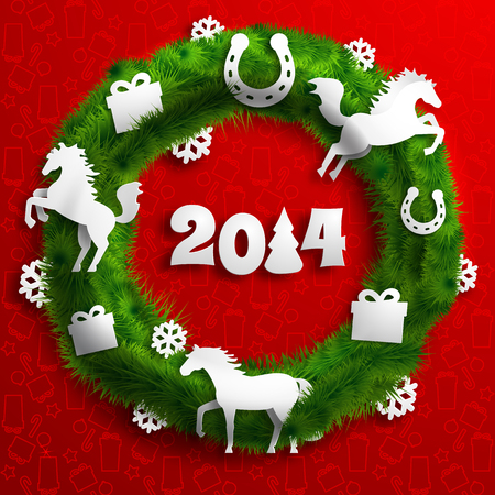 Merry Christmas template with green wreath paper horses presents snowflakes horseshoes on red icons background vector illustrationのイラスト素材