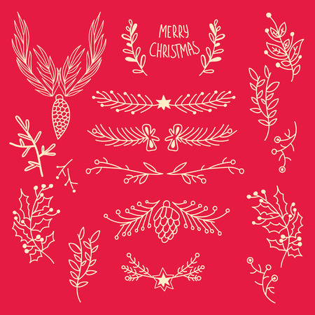 Happy New Year botanical sketch template with elegant tree branches and cones on red background vector illustrationのイラスト素材