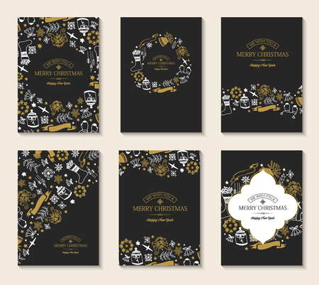 New Year festive brochures with greeting inscriptions and hand drawn Christmas elements on dark background vector illustration