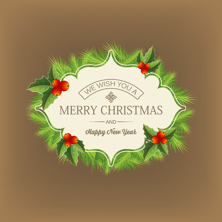 Dark background with merry christmas greetings written in middle of coniferous wreath flat vector illustrationのイラスト素材
