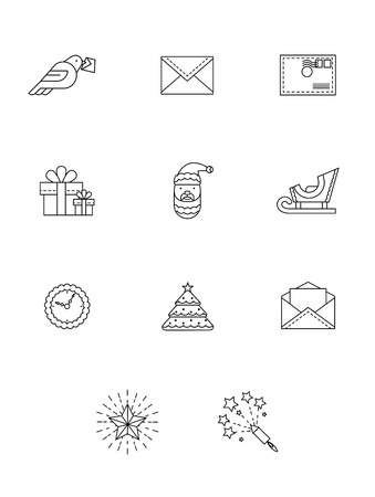 New Year outline icons set with festive symbols and elements on white background isolated vector illustrationのイラスト素材