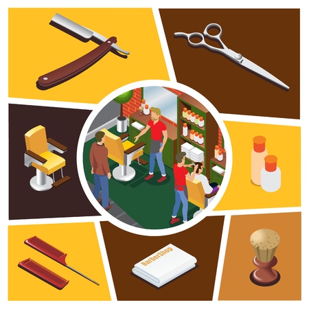 Isometric barber shop elements composition with hairdressers customers in barbershop scissors brush towels combs cosmetic bottles chair razor isolated vector illustrationのイラスト素材