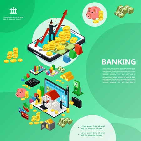 Isometric internet banking template with businessmen online payments and money transfer cash goins gold bars safe calculator atm machine piggy bank vector illustrationのイラスト素材