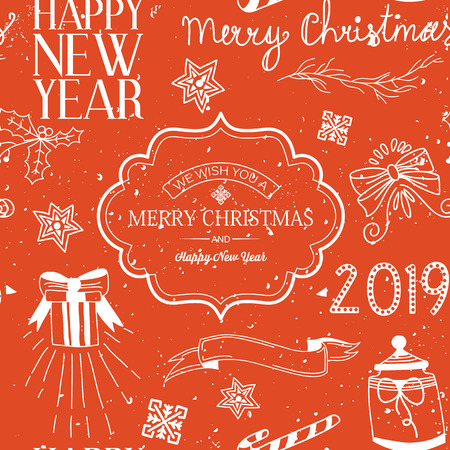 Light Merry Christmas greeting template with inscriptions frame and hand drawn traditional elements on orange background vector illustrationのイラスト素材
