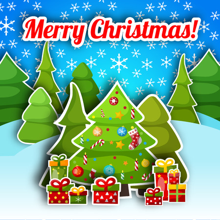Merry christmas postcard with winter forest decorated fir tree and gift boxes flat vector illustrationのイラスト素材
