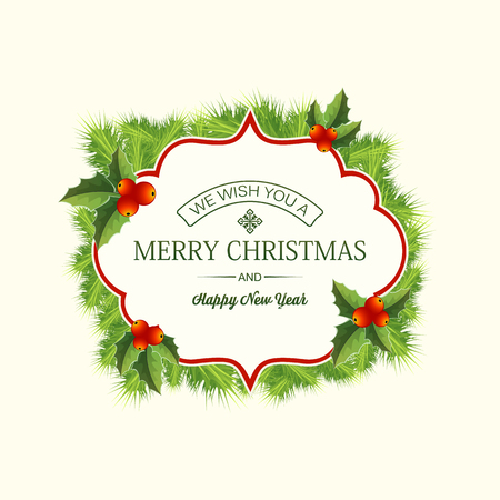 Realistic Christmas coniferous wreath template with greeting text in frame fir branches and holly berries isolated vector illustrationのイラスト素材