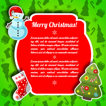 Bright green Christmas postcard with red text field decorated tree stocking and snowmanのイラスト素材