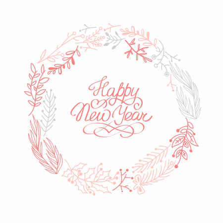 Happy New Year circle rose wreath sketch composition with beautiful cartoons of branches hand drawing vector illustrationのイラスト素材