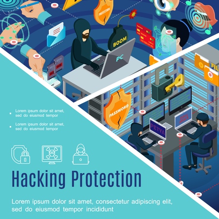 Hacking security and protection template with antivirus passwords bio metric authorization in isometric styleのイラスト素材