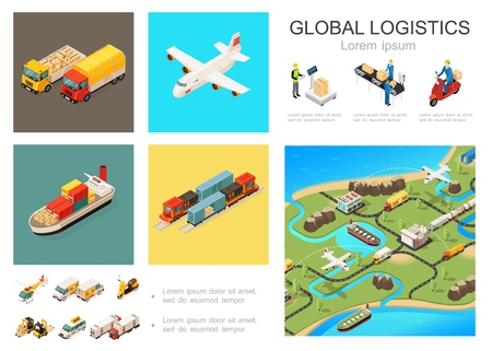 Isometric global logistics infographic concept with trucks airplane ship train helicopter scooter cars forklift packaging conveyor belt courier world distribution network vector illustrationのイラスト素材