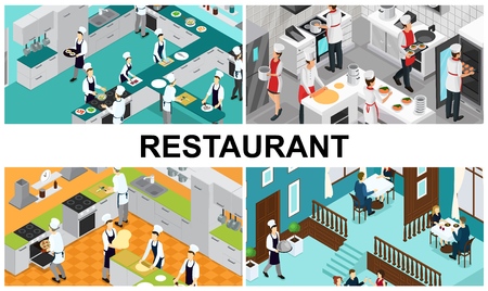 Isometric restaurant cooking composition with chefs assistants preparing different dishes interior elements utensils waiter visitors eating at tables in hallのイラスト素材