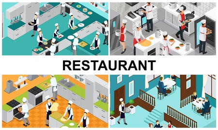 Isometric restaurant cooking composition with chefs assistants preparing different dishes interior elements utensils waiter visitors eating at tables in hall