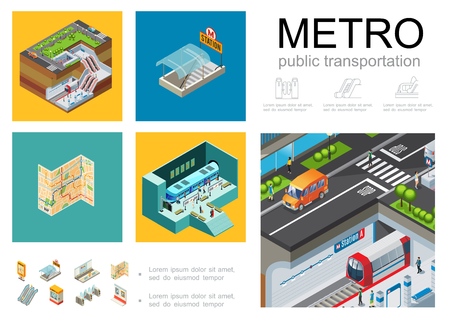 Isometric metro infographic concept with subway station platform  entrance passengers train navigation map ticket boothのイラスト素材