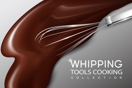 Realistic cream whipping process concept with whisk and liquid chocolate on gray background vector illustrationのイラスト素材