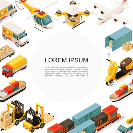 Isometric logistics and transportation template with helicopter drone airplane ship scooter trucks car forklift containers boxes vector illustrationのイラスト素材